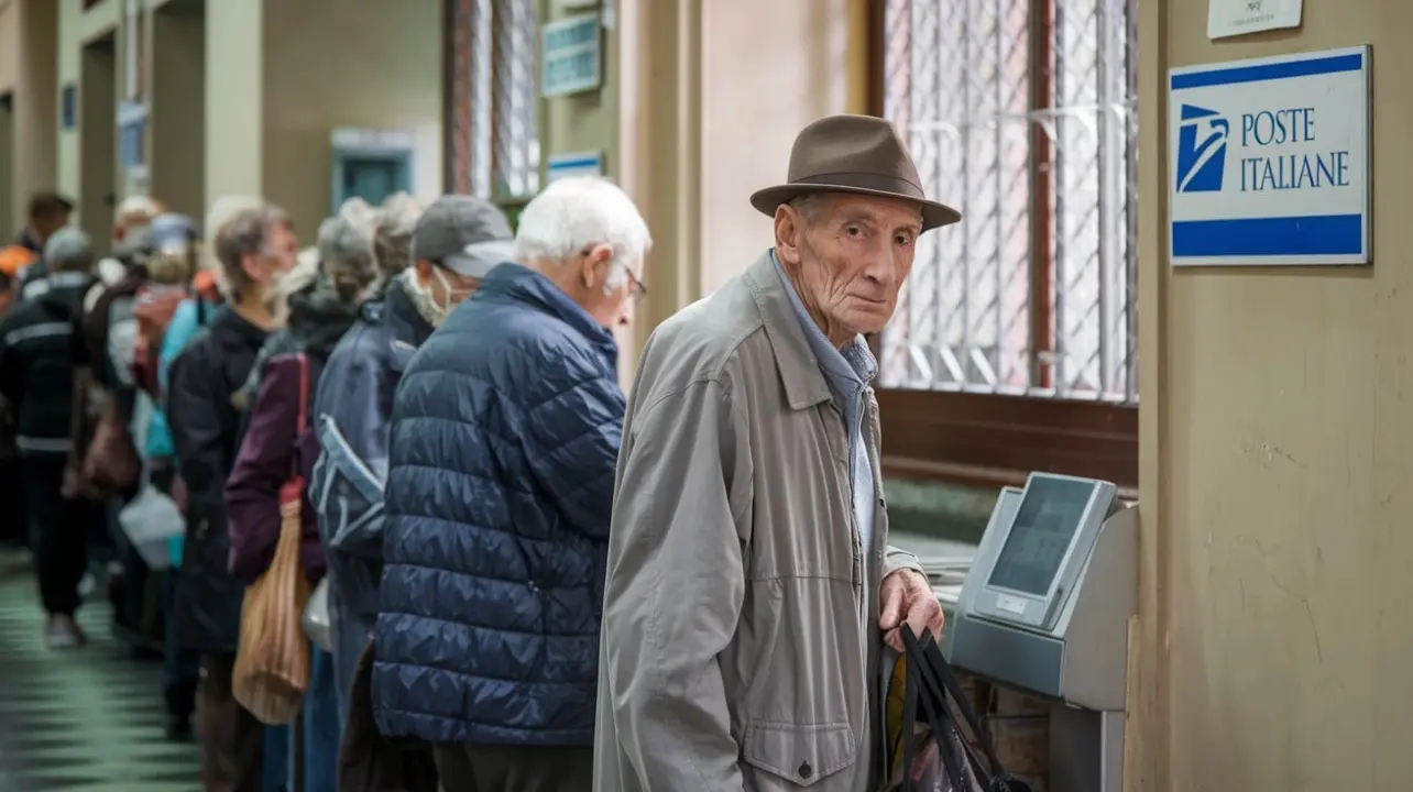 Pensionati Italiani in fila alle poste per il ritiro della pensione CGL