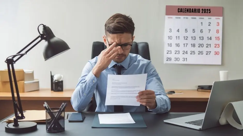 un ufficio moderno con un lavoratore seduto alla scrivania, visibilmente preoccupato mentre guarda una lettera di licenziamento, con un calendario sullo sfondo che segna 15 giorni consecutivi.