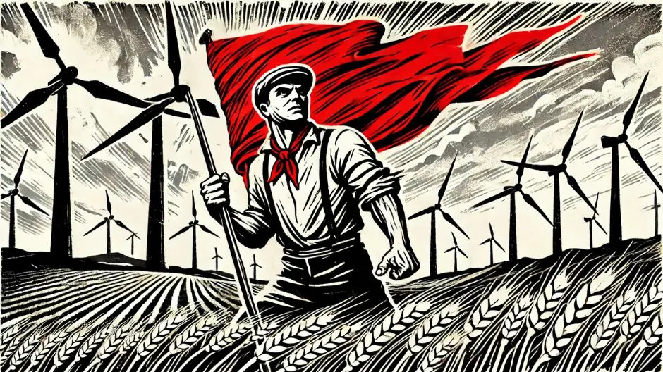 Un lavoratore con una bandiera rossa in un campo di grano, con turbine eoliche sullo sfondo. L'immagine rappresenta il conflitto tra progresso industriale e diritti dei lavoratori, evocando temi di lotta sindacale e transizione energetica.