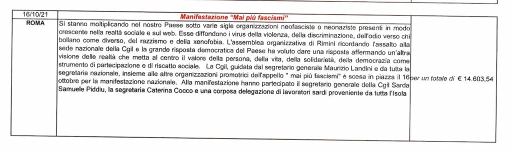 Spese cgil sarda manifestazione contro il fascismo a Roma - rendiconto Regione Sardegna